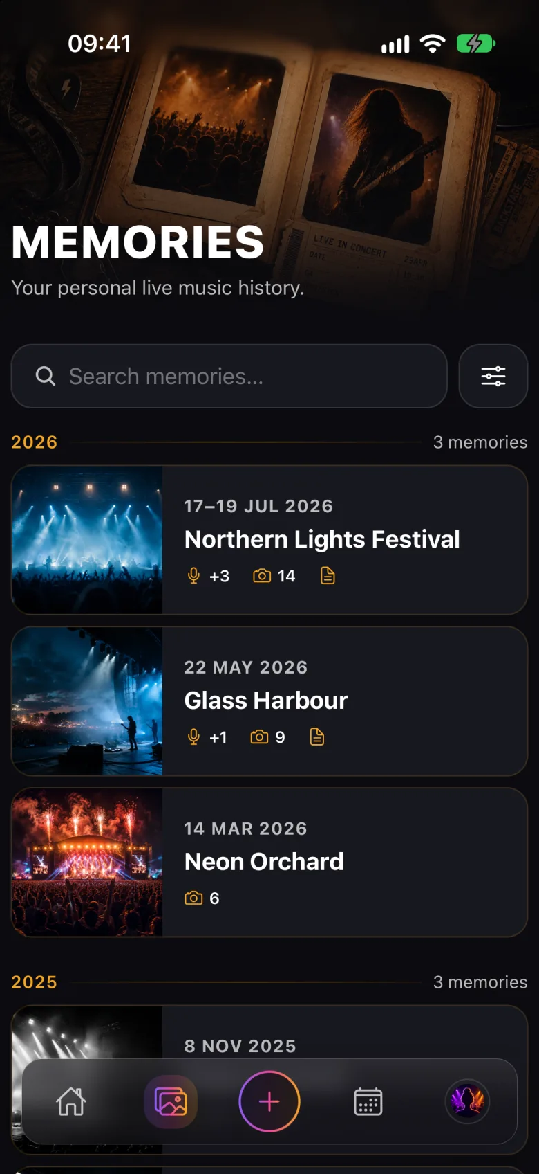 The Memories screen in Lethe Live: past concerts and festivals grouped by year, each with a photo, its date and how many photos it holds.